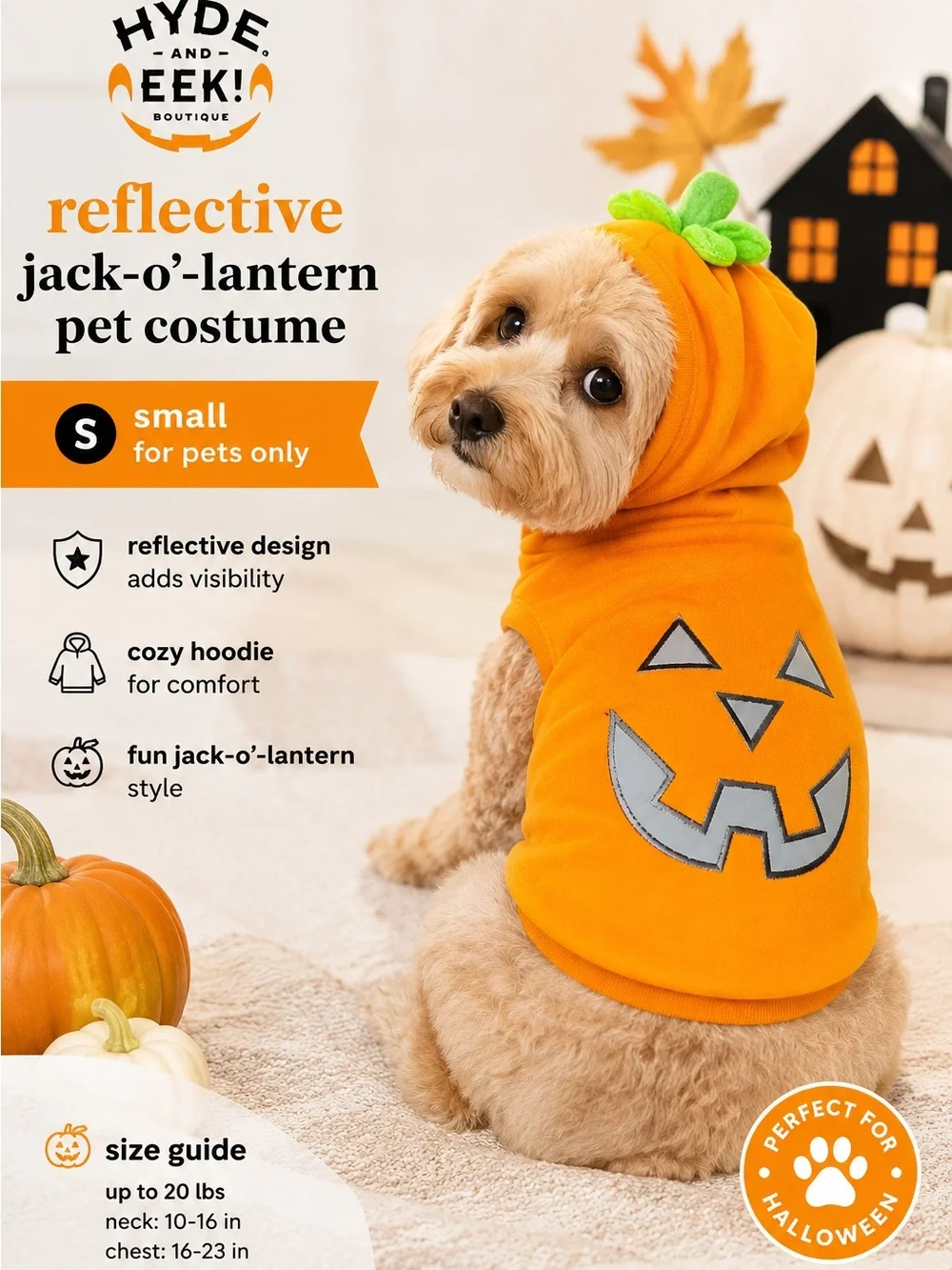Hyde and Eek! Reflective Orange Jack-O'-Lantern Dog Hoodie - Small